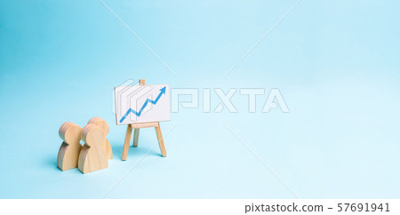 People stand near the canvas with arrow up and reports. Concept of business processes, presentations and staff briefing. Business report, summary and planning. Market research and analysis banner