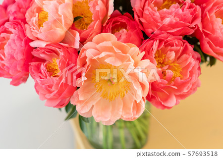 Coral peonies in a glass vase on wooden table.. Beautiful peony flower for catalog or online store Coral peonies in a glass vase on wooden table.. Beautiful peony flower for catalog or online store 57693518