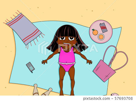 Beautiful young girl tanning. Cartoon vector illustration. African child. Beautiful young girl tanning. Cartoon vector illustration. African child. 57693708