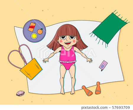 Beautiful young girl tanning. Cartoon vector illustration. Beautiful young girl tanning. Cartoon vector illustration. 57693709