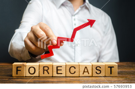 Man holds red arrow up over word Forecast. A budget surplus, prosperous economy or company. Prediction of profit growth, value of assets and market conditions. Increase income and earnings. 57693953
