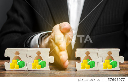 The palm of the hand divides the puzzles into money in half. Financial management and distribution of funds. Saving and investing. Property and business division. Divorce and legal services 57693977