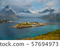 View of Sakrisoy, a small fishing village in Moskenes Municipality on Lofoten islands in Nordland county, Norway 57694973
