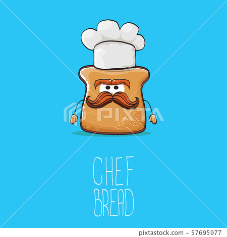 vector funky cartoon cute bread chef character with white chef hat isolated on blue background. My 57695977