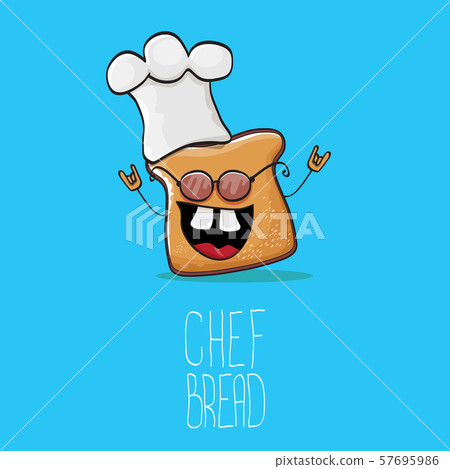 vector funky cartoon cute bread chef character with white chef hat isolated on blue background. My 57695986