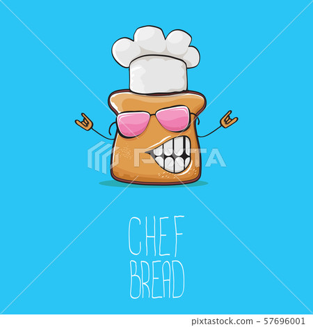 vector funky cartoon cute bread chef character with white chef hat isolated on blue background. My 57696001