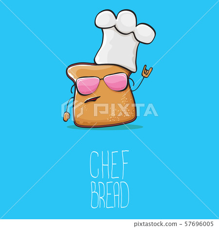 vector funky cartoon cute bread chef character with white chef hat isolated on blue background. My vector funky cartoon cute bread chef character with white chef hat isolated on blue background. My 57696005