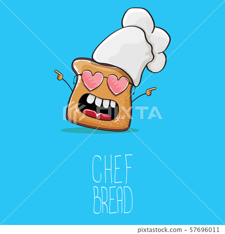 vector funky cartoon cute bread chef character with white chef hat isolated on blue background. My 57696011