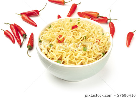 Soba noodles on a white background with red peppers and a place for text Soba noodles on a white background with red peppers and a place for text 57696416