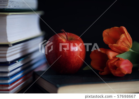 A stack of textbooks and books on the table. The concept of knowledge. 57698667