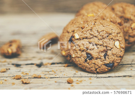 Close up of a group Chocolate chip cookies many  57698671