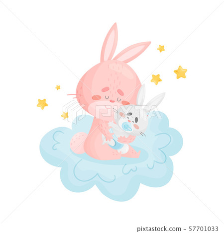 Pink cartoon rabbit with a baby sit on a cloud. Vector illustration on a white background. Pink cartoon rabbit with a baby sit on a cloud. Vector illustration on a white background. 57701033