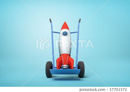 3d rendering of toy space rocket on blue hand truck which is standing in half-turn on light-blue 57701572