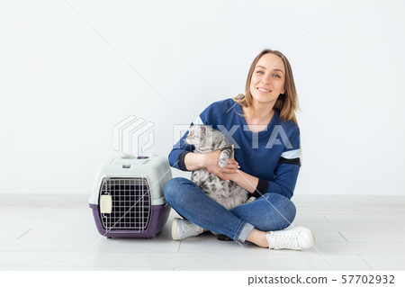 Charming positive young woman holds in her hands her beautiful gray fold scottish cat sitting on the 57702932
