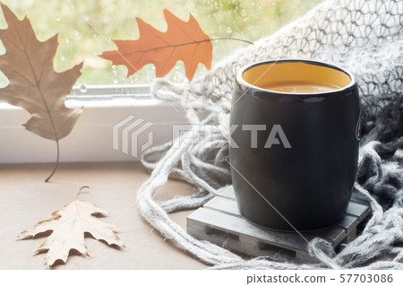 Cup hot tea with lemon on the windowsill Woolen plaid. Autumn still life. It's raining outside. Copy space 57703086