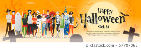 Happy Halloween , group of teens in Halloween costume concept standing together on graveyard background Happy Halloween , group of teens in Halloween costume concept standing together on graveyard background 57707063