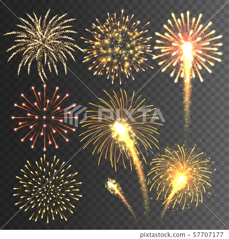 Festive fireworks collection. Realistic colorful firework on transparent background. Multicolored Festive fireworks collection. Realistic colorful firework on transparent background. Multicolored 57707177