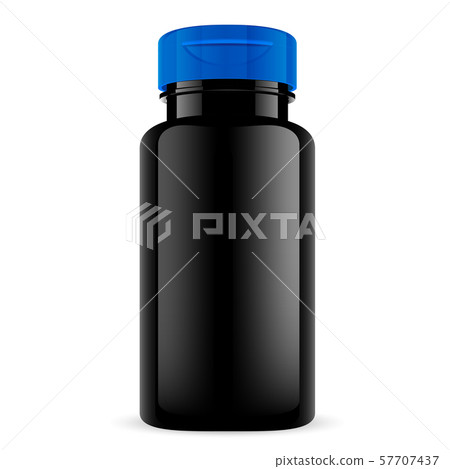Black Pill Bottle with Blue Cap. Round Tablet Jar. 57707437
