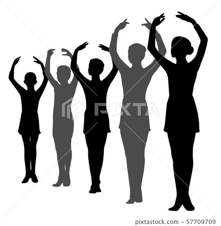 Ballet dancers girls and boy standing in a row with raised hands 57709709