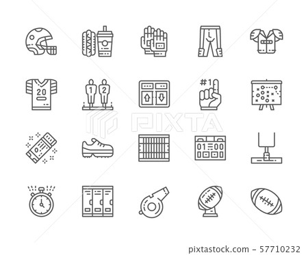 Set of American Football Line Icons. Scoreboard, Fast Food, Uniform and more. 57710232