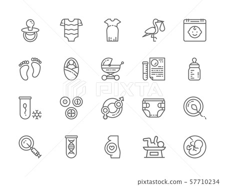 Set of Pregnancy Line Icons. Baby Bottle, Kids Bodysuit, Newborn, Dna and more. 57710234