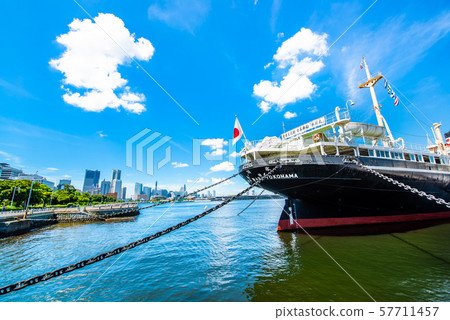 Hikawa Maru and Minato Mirai distant view moored at the Yamashita Park Pier in Yokohama 57711457