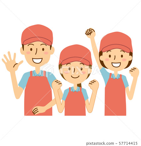 Three people in apron hat polo shirts pink light blue 57714415