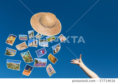 Flying straw hat - Travel to France concept 57714616