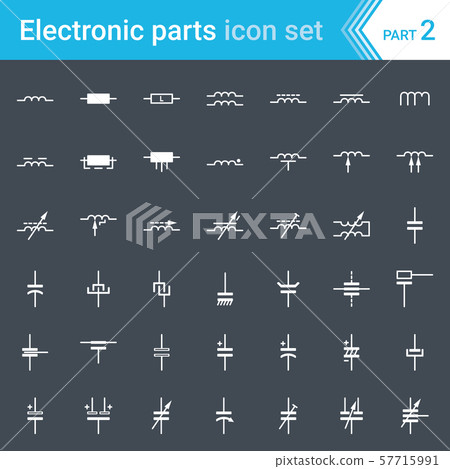Electronic icons, electric diagram symbols. Inductors, coils, capacitors and electric condensers. 57715991