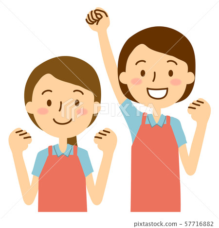 Two women in apron polo shirts pink light blue 57716882