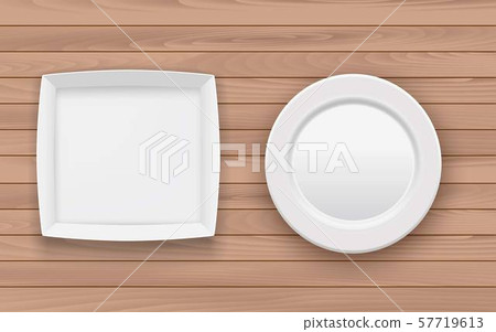 empty white plate and white paper box on the wooden table empty white plate and white paper box on the wooden table 57719613
