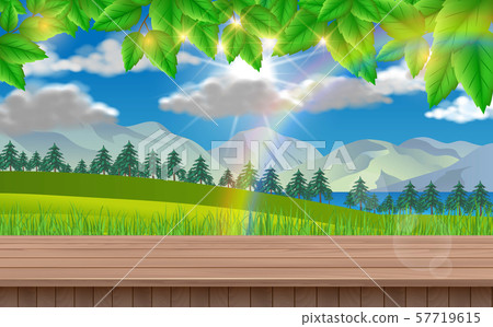 wooden table with mountain and sunlight background 57719615