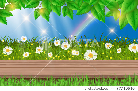 wooden table in the green grass and flower wooden table in the green grass and flower 57719616
