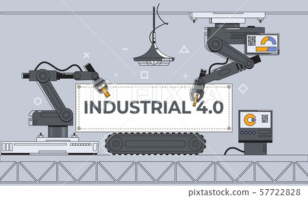Robotic arms and conveyor belt, Factory automation, Industry 4.0. Vector illustration background Robotic arms and conveyor belt, Factory automation, Industry 4.0. Vector illustration background 57722828