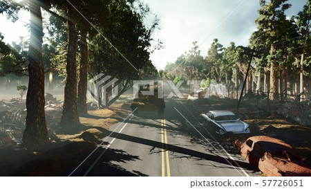 Military tanks ride on a dusty abandoned highway in the early morning on the battlefield. 3D Military tanks ride on a dusty abandoned highway in the early morning on the battlefield. 3D 57726051