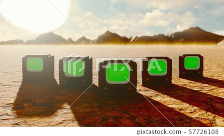 Vintage TV with green screen in the middle of the Apocalyptic desert. Post-Apocalypse, global 57726108