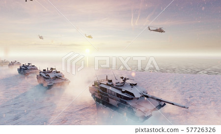 Military tanks and military helicopters move on a clear winter day on the battlefield. 3D Rendering Military tanks and military helicopters move on a clear winter day on the battlefield. 3D Rendering 57726326