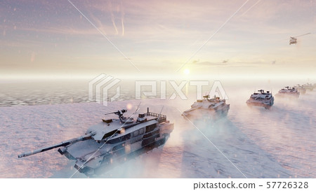 Military tanks and military helicopters move on a clear winter day on the battlefield. 3D Rendering Military tanks and military helicopters move on a clear winter day on the battlefield. 3D Rendering 57726328
