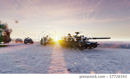 Military tanks and military helicopters move on a clear winter day on the battlefield. 3D Rendering Military tanks and military helicopters move on a clear winter day on the battlefield. 3D Rendering 57726343