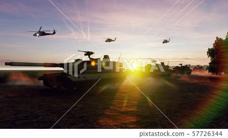 Military tanks and military helicopters move at sunset on the battlefield. 3D Rendering Military tanks and military helicopters move at sunset on the battlefield. 3D Rendering 57726344