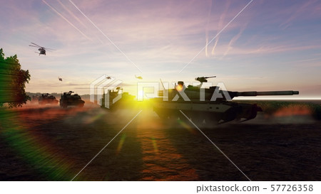 Military tanks and military helicopters move at sunset on the battlefield. 3D Rendering Military tanks and military helicopters move at sunset on the battlefield. 3D Rendering 57726358