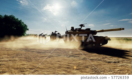 Military tanks ride on a dusty road on a Sunny day on the battlefield. 3D Rendering Military tanks ride on a dusty road on a Sunny day on the battlefield. 3D Rendering 57726359