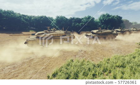 Military tanks ride on a dusty road on a Sunny day. 3D Rendering 57726361
