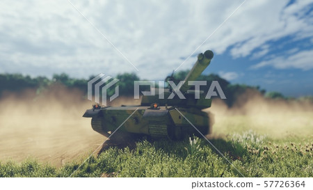 Military tank on a Sunny day, standing on the dusty field. 3D Rendering Military tank on a Sunny day, standing on the dusty field. 3D Rendering 57726364