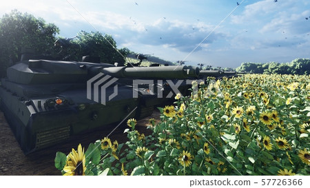 Military tanks on a clear Sunny summer day on a field in the middle of sunflowers. 3D Rendering 57726366