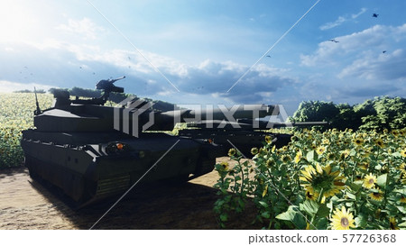 Military tanks on a clear Sunny summer day on a field in the middle of sunflowers. 3D Rendering 57726368