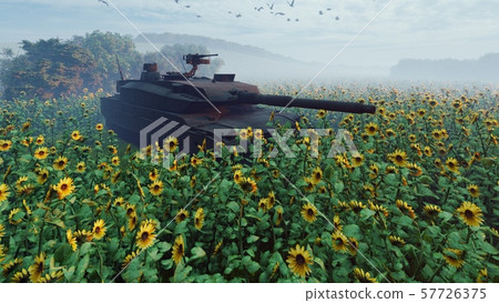 Military tank at sunset on a field in the middle of sunflowers. 3D Rendering Military tank at sunset on a field in the middle of sunflowers. 3D Rendering 57726375