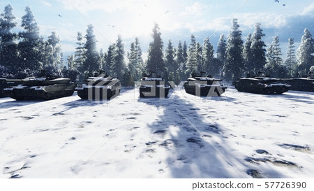Military tanks clear Sunny winter day on the battlefield preparing to attack. 3D Rendering Military tanks clear Sunny winter day on the battlefield preparing to attack. 3D Rendering 57726390