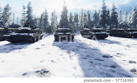 Military tanks clear Sunny winter day on the battlefield preparing to attack. 3D Rendering Military tanks clear Sunny winter day on the battlefield preparing to attack. 3D Rendering 57726391