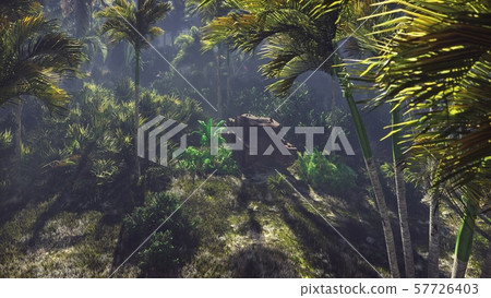 Wrecked tank lies in the jungle in the middle of palm trees and tropical vegetation. 3D Rendering 57726403